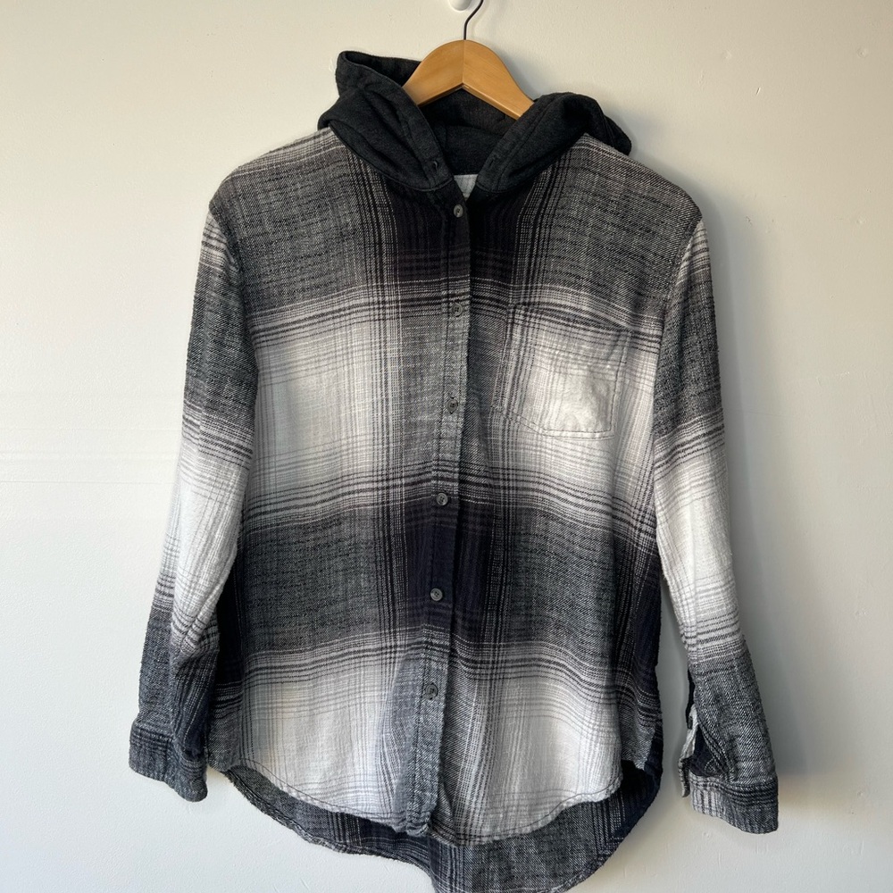 American Eagle Hooded Plaid Flannel Shacket, S